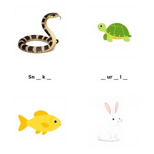 Peut inclure: Une fiche p&eacute;dagogique intitul&eacute;e Identify the picture and complete their names pr&eacute;sentant des illustrations d'un serpent noir et jaune, d'une tortue verte, d'un poisson jaune et d'un lapin blanc avec des textes &agrave; trous correspondants.