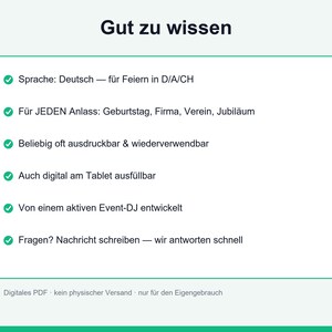 May include: A digital PDF information sheet titled Gut zu wissen with a green border. It lists six bullet points in German regarding event planning, including language, occasion versatility, printability, digital tablet compatibility, and developer origin.