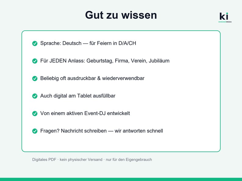 May include: A digital PDF information sheet titled Gut zu wissen with a green border. It lists six bullet points in German regarding event planning, including language, occasion versatility, printability, digital tablet compatibility, and developer origin.