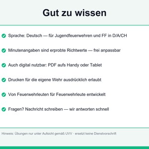 May include: An informational graphic titled Gut zu wissen with a list of six bullet points in German regarding fire department training materials, including digital PDF usage, printing permissions, and contact information for inquiries.