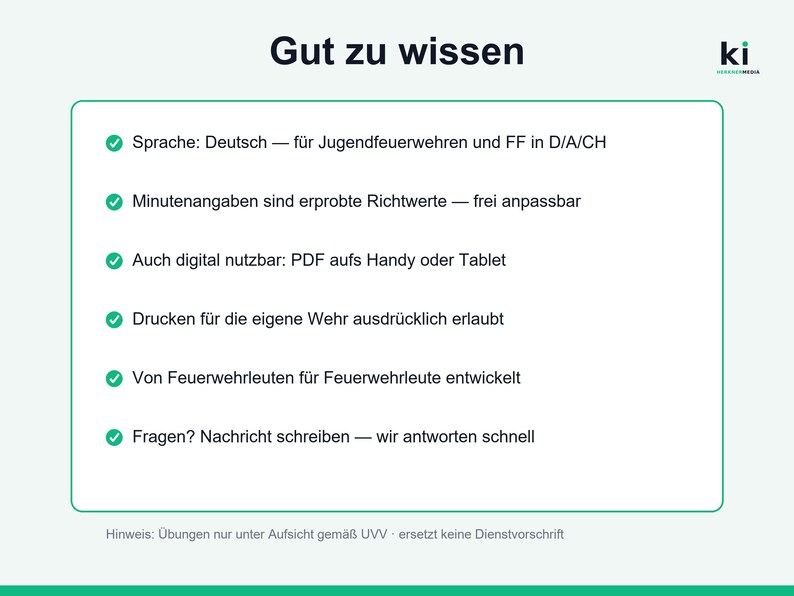 May include: An informational graphic titled Gut zu wissen with a list of six bullet points in German regarding fire department training materials, including digital PDF usage, printing permissions, and contact information for inquiries.