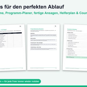 May include: Three white document pages featuring German text titled Alles f&uuml;r den perfekten Ablauf. The pages include a timeline table, moderation building blocks, and a countdown checklist for event planning, with the ki logo at the top right.