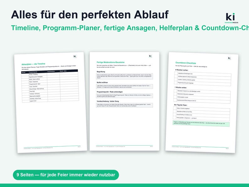 May include: Three white document pages featuring German text titled Alles f&uuml;r den perfekten Ablauf. The pages include a timeline table, moderation building blocks, and a countdown checklist for event planning, with the ki logo at the top right.