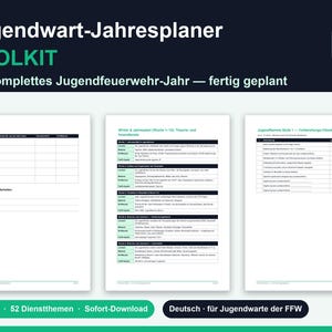 Puede incluir: Un kit de planificaci&oacute;n digital para departamentos de bomberos juveniles titulado Jugendwart-Jahresplaner. El documento incluye tres p&aacute;ginas blancas con texto negro, tablas y detalles en verde, con horarios, listas de verificaci&oacute;n y planes.