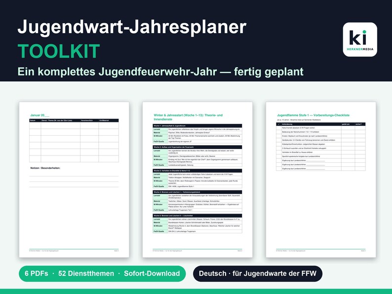Puede incluir: Un kit de planificaci&oacute;n digital para departamentos de bomberos juveniles titulado Jugendwart-Jahresplaner. El documento incluye tres p&aacute;ginas blancas con texto negro, tablas y detalles en verde, con horarios, listas de verificaci&oacute;n y planes.