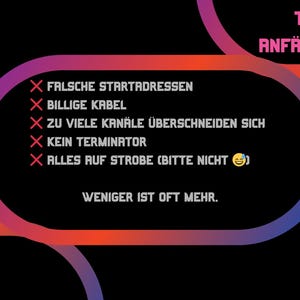 May include: A graphic with a black background and a gradient pink and orange design. The text reads "TYPISCHE ANF&Auml;NGERFEHLER" and lists common mistakes with red X marks. The text "WENIGER IST OFT MEHR" is also present.