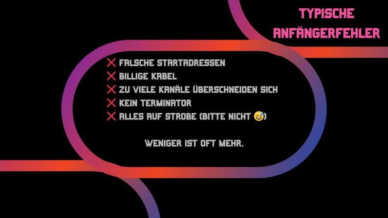 May include: A graphic with a black background and a gradient pink and orange design. The text reads "TYPISCHE ANF&Auml;NGERFEHLER" and lists common mistakes with red X marks. The text "WENIGER IST OFT MEHR" is also present.