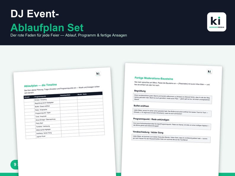 May include: A DJ event planning set featuring two white documents with black text. One page displays a timeline table for event scheduling, while the other provides pre-written moderation scripts for announcements, buffet openings, and event closings.