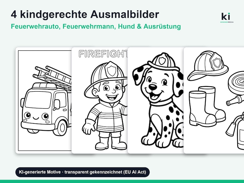 May include: Four black and white coloring pages featuring a fire truck, a firefighter, a dalmatian dog, and firefighting equipment. The text at the top reads 4 kindgerechte Ausmalbilder, Feuerwehrauto, Feuerwermann, Hund & Ausr&uuml;stung.