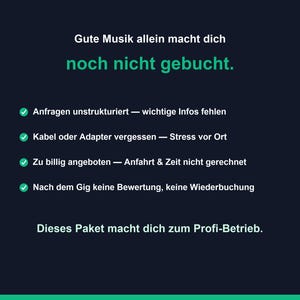 K&ouml;nnte beinhalten: Eine dunkelblaue Infografik mit wei&szlig;em und gr&uuml;nem Text. Die &Uuml;berschrift lautet 'Gute Musik allein macht dich noch nicht gebucht.' Sie enth&auml;lt vier Aufz&auml;hlungspunkte mit gr&uuml;nen H&auml;kchen und endet mit 'Dieses Paket macht dich zum Profi-Betrieb.' Ein kleines 'ki'-Logo befindet sich in der oberen rechten Ecke.