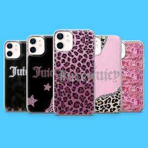 May include: Five smartphone cases with different designs. The cases display the word "Juicy" in rhinestone lettering, leopard print, stars, and a pink and black colour scheme. The cases are designed for a smartphone.