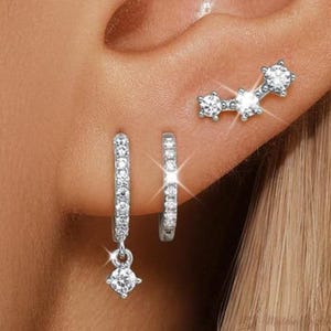 Ensemble de 3 boucles d'oreilles en or et cristaux : bijoux bohèmes empilables minimalistes, ensembles de boucles d'oreilles