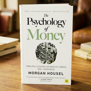 May include: A hardcover book titled The Psychology of Money by Morgan Housel with a white cover featuring black and green text and a central graphic of a human brain constructed from folded paper currency. The subtitle reads Timeless Lessons on Wealth.