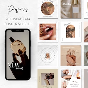 May include: A set of 70 Instagram posts and stories about perfumes. The image shows a smartphone displaying a perfume bottle with the text "NEW arrival". Other images showcase perfume bottles and related marketing content. The overall theme is fragrance.