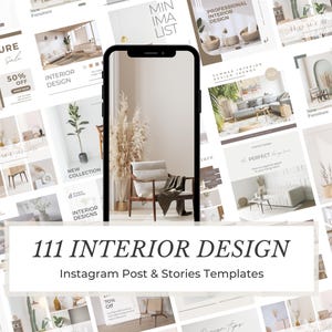 May include: A collection of interior design templates for Instagram posts and stories. The image features a smartphone displaying a minimalist interior scene with a wooden chair and pampas grass. Surrounding the phone are various design layouts with text like "Furniture Sale" and "Interior Design".