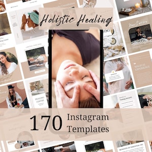 May include: A collection of 170 Instagram templates with a holistic healing theme. The image features a woman receiving a facial massage, surrounded by various images related to wellness, meditation, and energy healing. The words "Holistic Healing" and "Instagram Templates" are visible.
