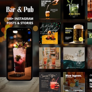 Może przedstawiać: Kolekcja postów i historii na Instagramie dla baru i pubu, prezentująca różne koktajle, piwa i oferty promocyjne. Obraz zawiera telefon wyświetlający koktajl i inne kwadratowe obrazy z tekstem, takim jak "Happy Hour" i "Blue Lagoon."