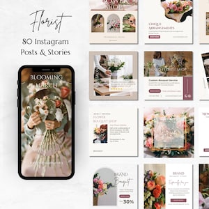 May include: An advertisement for a florist, showing a smartphone with a floral display. The image includes the text "Florist," "80 Instagram Posts & Stories," and "Blooming March." Other squares display floral arrangements and shop promotions.