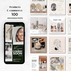 Puede incluir: Un smartphone muestra una cuadrícula de 100 publicaciones de Instagram de comercio electrónico. Las publicaciones presentan productos de belleza, velas y artículos para el cuidado de la piel. El texto incluye "Productos", "E-commerce", "New Serum Coming Soon" y "Giveaway."