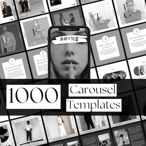 Puede incluir: Una colección de 1000 plantillas de carrusel, con una variedad de diseños de publicaciones en redes sociales. La imagen incluye un primer plano de un rostro con superposición de texto y otras imágenes cuadradas con texto e imágenes. La paleta de colores es en blanco y negro.