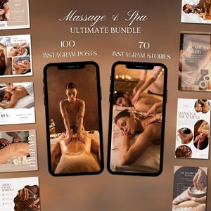 Może przedstawiać: Pakiet marketingu cyfrowego dla firm zajmujących się masażem i spa. Obraz przedstawia kolekcję postów i historii na Instagramie, w tym zdjęcia zabiegów masażu i usług spa. Tekst zawiera "Massage & Spa Ultimate Bundle", "100 Instagram Posts" i "70 Instagram Stories".