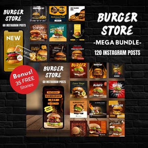 以下が含まれることがあります： ハンバーガー店のプロモーション用グラフィックで、Instagramの投稿のコレクションを紹介しています。デザインにはハンバーガーの写真、テキスト「Burger Store - Mega Bundle - 120 Instagram Posts」、35個の無料ストーリーのボーナスオファーが含まれています。