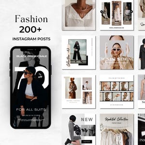 Könnte beinhalten: Ein Smartphone zeigt einen Instagram-Post zum Thema Mode mit dem Text "Fashion 200+ INSTAGRAM POSTS". Der Bildschirm zeigt einen Black Friday-Sale mit 70% Rabatt auf alle Anzüge. Weitere Quadrate zeigen minimalistische Mode und neue Frühjahrskollektionen.