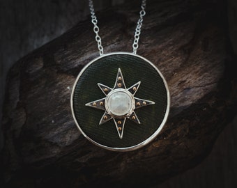 Starlight Shield Pendant Sterling Silver Moonstone Green Wooden Cabochon Necklace