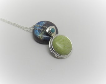 Land and Sea Necklace Sterling Silver Pendant with Green Marble and Amazonite