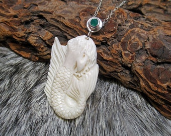 Shy Mermaid Pendant White Carved Bone and Green Onyx in Silver