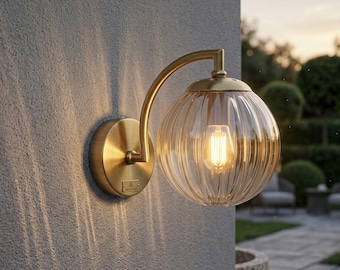 Amber Glass Globe Wall Sconce, Brass Modern Wall Lamp, Nordic Bedside Wall Light Fixture, Vintage Glass Wall Light  Bedroom Hallway Kitchen