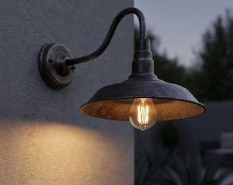 Rustic Gooseneck Outdoor Wall Lamp Handmade Rusty Metal Barn Light Fixture 110V 220V with Protective Coating for Patio Porch Garden