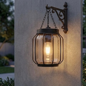 Peut inclure: Une lanterne murale d'extérieur avec un abat-jour en verre clair et texturé et un cadre en métal foncé. La lanterne est suspendue à un support décoratif et une chaîne, avec une ampoule allumée à l'intérieur. Le luminaire est fixé à un mur clair.