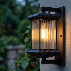 May include: Black outdoor wall-mounted lantern with a rectangular shape and ribbed glass panels. The lantern features a warm, glowing lightbulb inside. The fixture is mounted on a dark-colored rectangular bracket, perfect for exterior lighting.