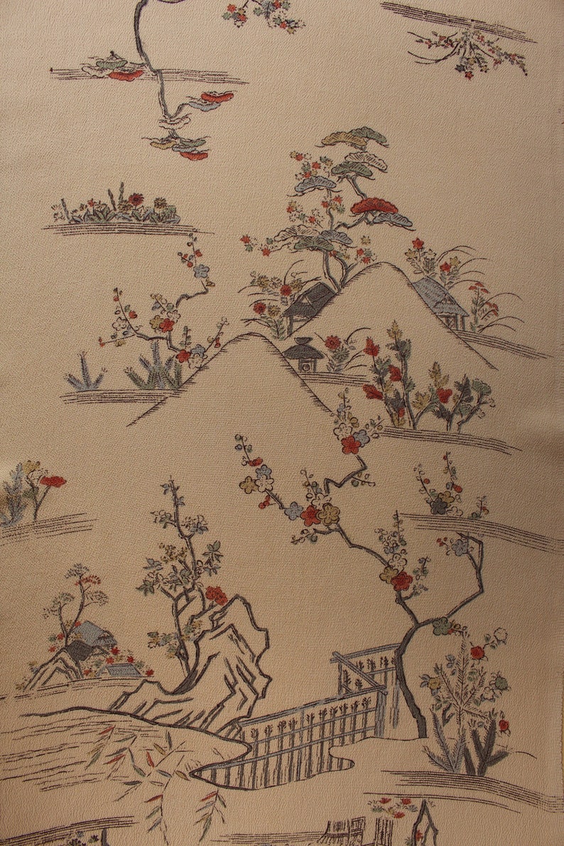 Pagoda Fabric Japanese Kimono Kimono Fabric Kimono Silk Japanese Landscape Kimono Silk Chrimen Crepe