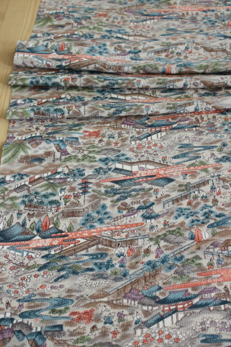 Pagoda Fabric Japanese Kimono Kimono Fabric Kimono Silk Japanese Landscape Kimono Silk Chrimen Crepe
