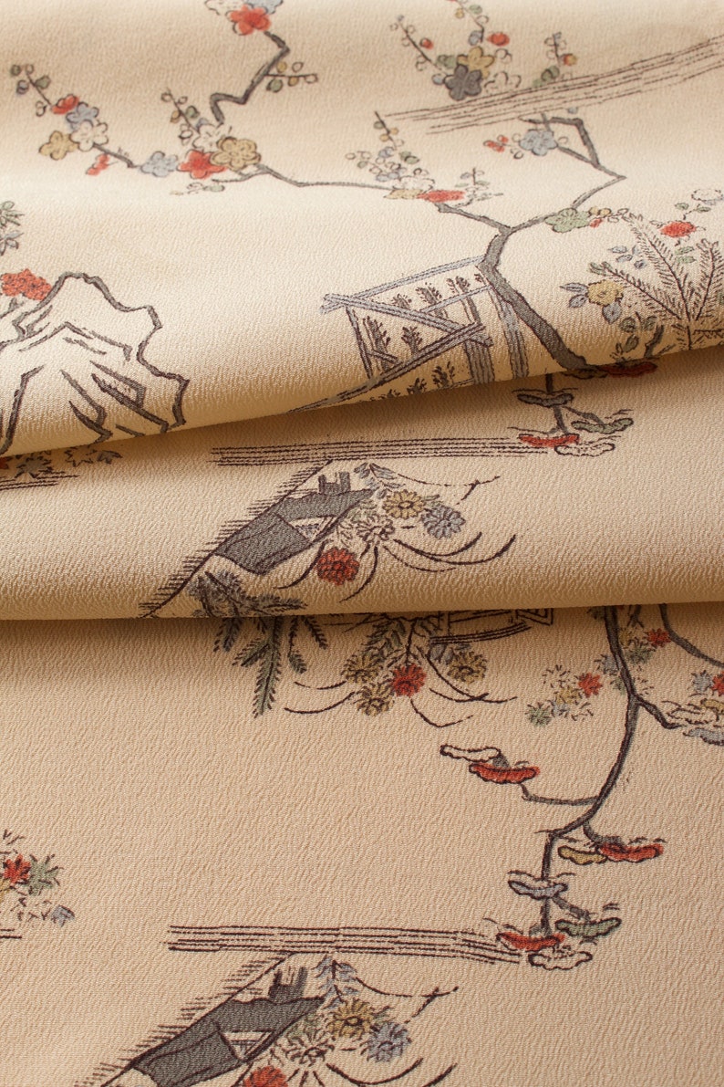 Pagoda Fabric Japanese Kimono Kimono Fabric Kimono Silk Japanese Landscape Kimono Silk Chrimen Crepe