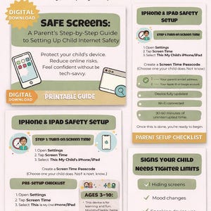 May include: A guide titled "SAFE SCREENS" with step-by-step instructions for child internet safety. The guide includes sections on iPhone and iPad setup, parent checklists, and signs that a child needs tighter limits. The design is in green and white.