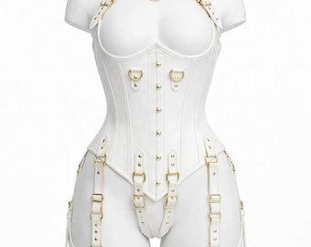Real Leather Overbust Corset: Steel Boned, Lace-Up Front - White Corset