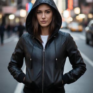 May include: Black leather hooded jacket with a zip-up front, drawstring hood, and ribbed cuffs. The jacket has pockets and is worn with blue jeans and a white t-shirt. The background is a city street with blurred lights and buildings.