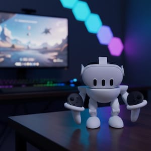 Op de afbeelding: Een witte robotvormige VR-headsetstandaard met aangesloten controllers. De standaard staat op een houten tafel, met een computermonitor en toetsenbord op de achtergrond. De kamer wordt verlicht met blauwe, paarse en roze lichten.