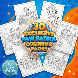 Puede incluir: Una colección de 30 páginas para colorear exclusivas de Paw Patrol. Las páginas presentan varios personajes de Paw Patrol en acción, con un fondo azul y naranja. Incluye una insignia de "Descarga digital instantánea".