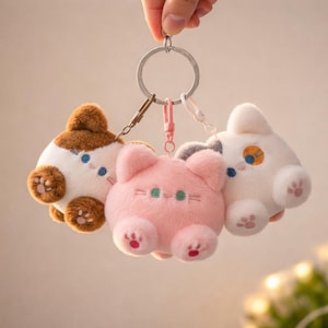 Könnte beinhalten: Drei Plüsch-Katzen-Schlüsselanhänger in Weiß, Rosa und Braun, jeweils mit gestickten Gesichtern und Pfotenabdrücken. Die Schlüsselanhänger sind an einem silbernen Schlüsselring mit Karabinerhaken befestigt. Die Plüschtiere werden von einer Hand gehalten.