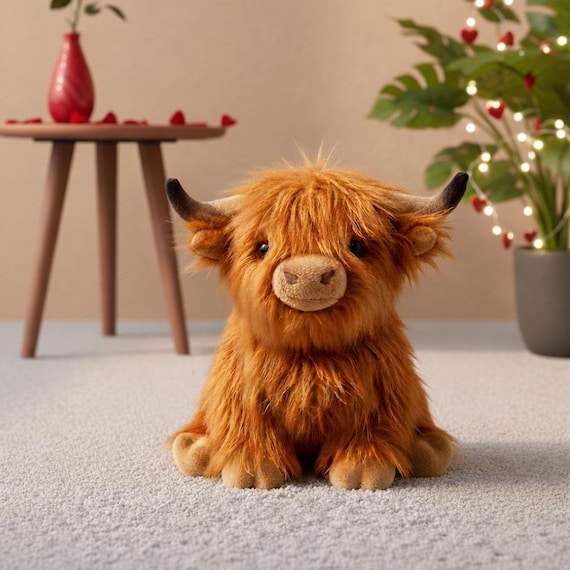Adorable Shaggy Highland Cow Plushie - Cute Soft Scottish Cow Toy - Fluffy Farmhouse Decor - Baby Shower Gift