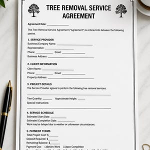 Peut inclure: Un document papier blanc intitulé Tree Removal Service Agreement avec du texte noir et des icônes d'arbres. Il comprend des sections pour le prestataire, les informations client, les détails du projet, le calendrier et les modalités de paiement.