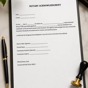 May include: A white Notary Acknowledgment form on a black clipboard with a black and gold fountain pen and a wooden notary seal stamp. The document includes fields for state, county, date, notary signature, printed name, and commission details.