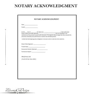 May include: A black and white Notary Acknowledgment document template featuring lines for state, county, date, notary public name, and signer identification. It includes fields for signature, printed name, commission number, and a place for the official seal.