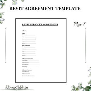 May include: A document titled REVIT AGREEMENT TEMPLATE with a page labeled Page 1. The document is a REVIT SERVICES AGREEMENT with sections for Parties, Project Information, and Scope of Services, featuring floral illustrations in the corners.