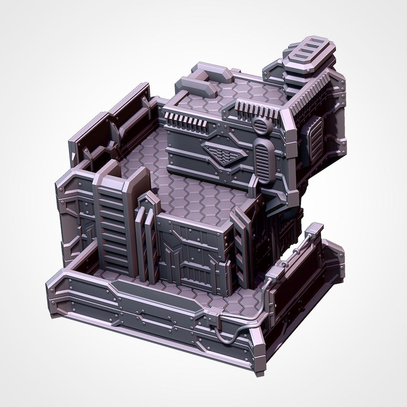 May include: A gray, 3D-printed miniature terrain piece with a futuristic, industrial design. The model features multiple levels, detailed panels, and a hexagonal floor pattern. It has a metallic appearance, suitable for tabletop gaming.