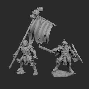 Puede incluir: Dos miniaturas de fantasía grises. Una figura sostiene una bandera con una calavera, la otra una espada y un escudo. Las figuras están en poses de batalla, con armaduras y armas detalladas. Muy detalladas.